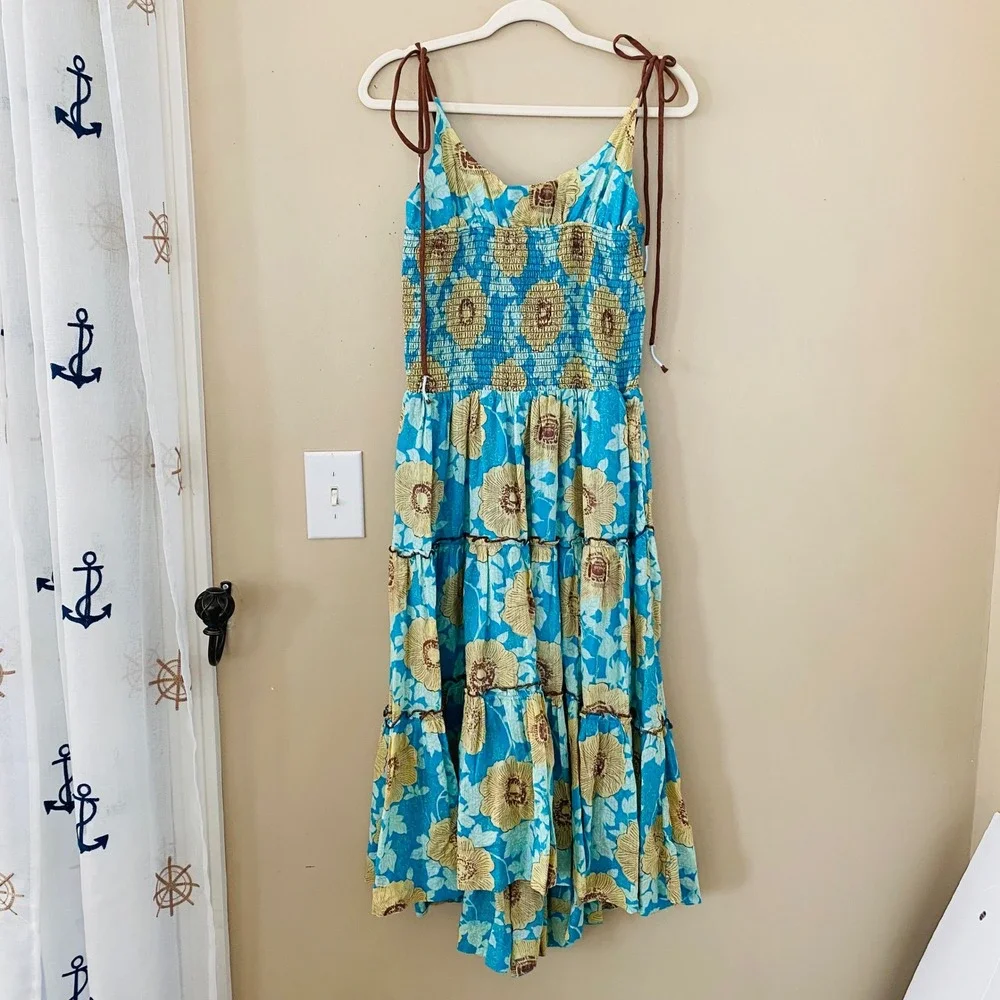 Free People NWT‎ Adriel Tie Strap Tiered Hawaiian Ocean Combo Midi Dress Size M